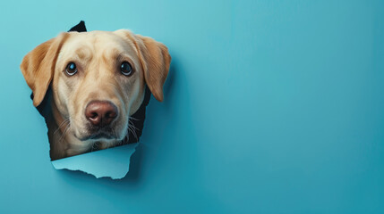 Fototapeta premium cute labrador retriever peeking through a hole in a blue paper wall