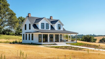 Obraz premium A medium-sized, modern farmhouse with white clapboard siding, black trim, and a wraparound porch, surrounded by open fields, representing a blend of rustic and contemporary living.