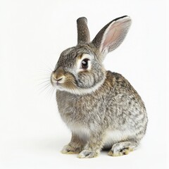 A playful rabbit poses gracefully against a clean white backdrop during a bright afternoon