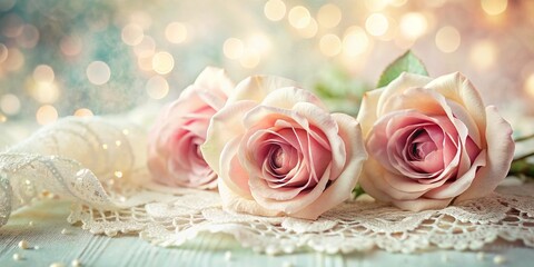 Obraz premium Rose and Lace Background with Vintage Romantic Whimsy Mood Soft Focus Focus on Petals Floral Embellishments Delicate Pastel Shades Concept Love and Affection