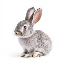 Fototapeta premium A playful gray rabbit sits gracefully on a clean white background, showcasing its soft fur