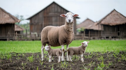 Fototapeta premium Mother Sheep and Lambs in a Rural Setting
