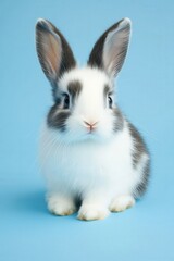 Obraz premium Adorable rabbit sitting against a pastel blue background on a sunny day