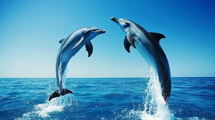 Obraz premium Couple dolphins jumping on the water with bright blue sky .generative ai