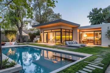 Fototapeta premium Small modern design home with backyard pool