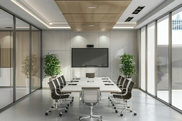 Conference light grey meeting room design with tv