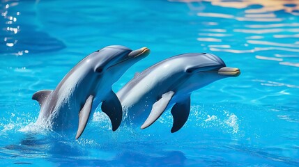 Naklejka premium Couple dolphins jumping on the water with bright blue sky .generative ai