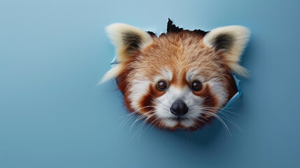 cute red panda peeking through a hole in a blue paper wall