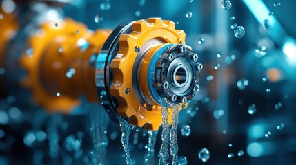 Close-up of a vibrant yellow industrial pipe with droplets, showcasing engineering precision and water flow.