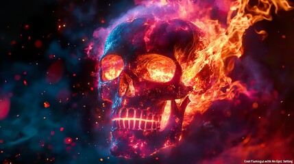 Epic skull with neon flames and glowing bones casting an eerie light in the dark.