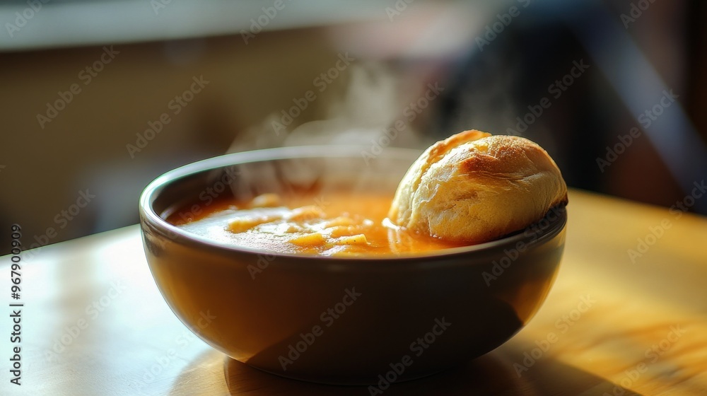 Canvas Prints A steaming bowl of soup accompanied by a piece of bread.