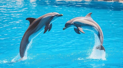 Obraz premium Couple dolphins jumping on the water with bright blue sky .generative ai