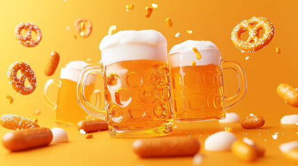 Refreshing Oktoberfest beer in frosty mugs, surrounded by pretzels and snacks, creates festive atmosphere. Perfect for celebrations and gatherings