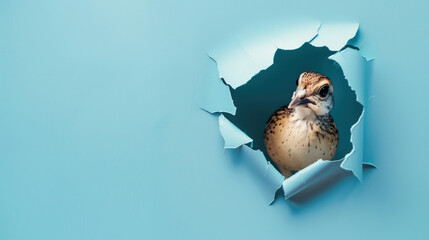 cute quail peeking through a hole in a blue paper wall