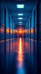 A dark, narrow corridor illuminated by overhead lights, featuring closed doors on both sides and a distant, bright light source creating a dramatic effect.