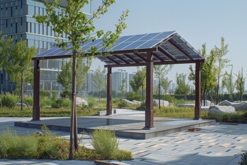 Solar panel pergola in urban setting