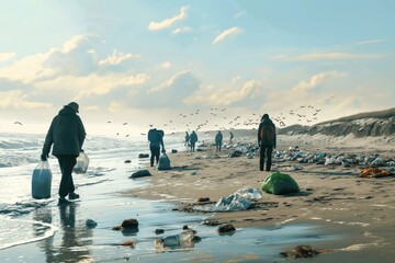 Conservation of ecology and garbage collection for recycling. A volunteer collects plastic bottles by the sea. Concept of coastal cleanup and global environmental pollution.