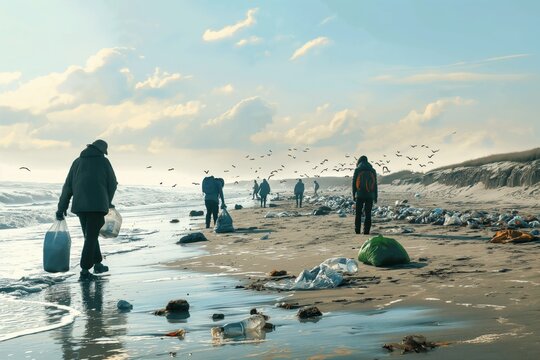 Conservation of ecology and garbage collection for recycling. A volunteer collects plastic bottles by the sea. Concept of coastal cleanup and global environmental pollution.