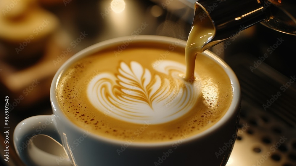 Poster A close-up of a latte with intricate milk froth art in a coffee cup.