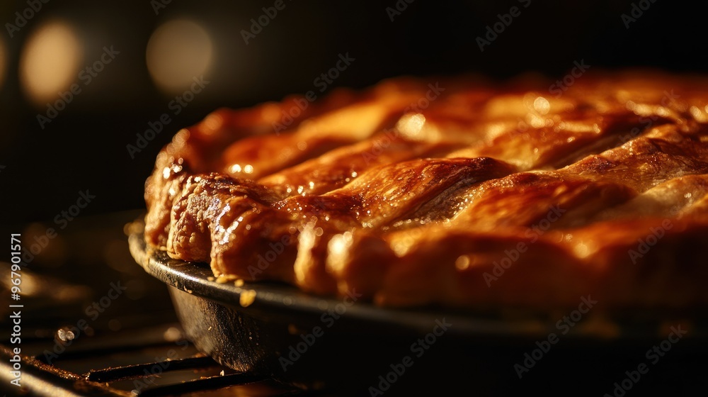 Canvas Prints A golden-brown pie baking in an oven, showcasing a flaky crust and delicious filling.