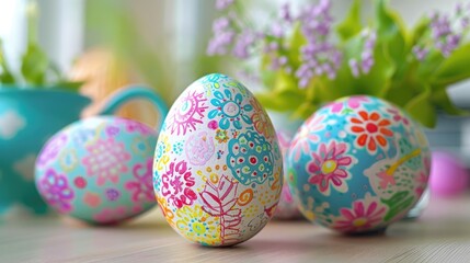 Fototapeta premium Creative Easter egg decoration with colorful patterns at home.