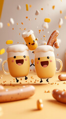Obraz premium Cute 3D cartoon beer steins and sausages dance joyfully, surrounded by colorful confetti. This playful scene captures festive atmosphere filled with happiness and fun
