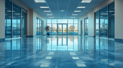 Shiny floor in a modern office hallway.