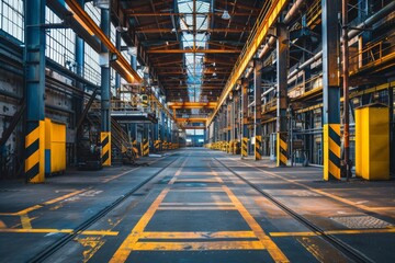 Fototapeta premium Interior of a modern industrial building with metal structures and yellow markings