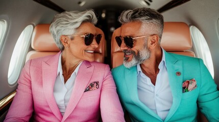 Two individuals wearing bright pastel suits sit inside an airplane. The setting is luxurious and suggests a high-end lifestyle and travel experience.