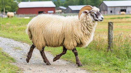 Naklejka premium A Fluffy Sheep Running on a Dirt Road