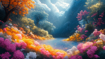 Naklejka premium Detailed illustration of a mythical forest with oversized flora and fauna vibrant and enchanting capturing the grandeur and whimsy of fantasy