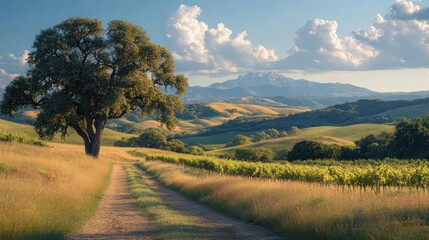 Fototapeta premium Serene landscape with a winding path, trees, and distant mountains.
