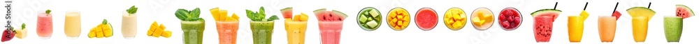 Poster the smoothies are served in glass bottles with straws in a row and contain a variety of healthy frui