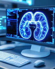 High-tech digital display of a human kidney anatomy with vibrant blue accents, illustrating medical technology and health diagnostics.