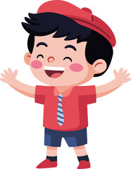 A young boy wearing a red shirt and blue shorts is smiling and waving