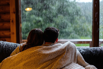 a young couple cuddled up under a blanket on the sofa in a rustic cabin living room, watching the rain through a large window, romantic getaway, quality time