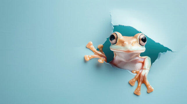 cute polliwog peeking through a hole in a blue paper wall