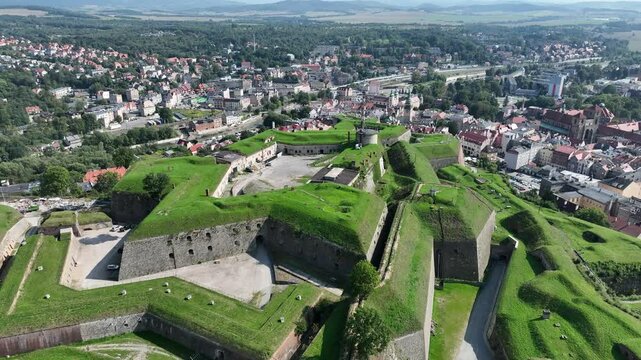 Klodzko Fortress (German: Festung Glatz) &ndash; a preserved fortress in Klodzko, a defense system from the 17th and 18th centuries in Poland. Aerial drone view of Klodzko Fortress and town Klodzko