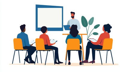 A classroom or workshop setting with participants taking notes while a presenter explains concepts on a projection screen, representing education and skill-building
