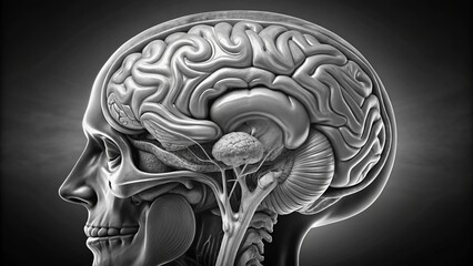 Sagittal brain anatomy technical illustrations grayscale