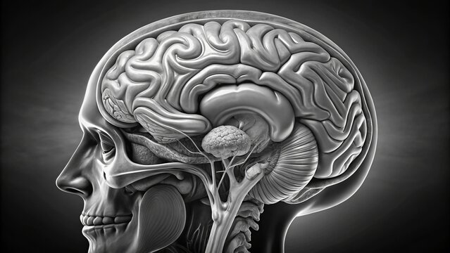 Sagittal brain anatomy technical illustrations grayscale