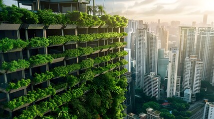 Obraz premium Vertical Farm on Rooftop Blending Nature and Urban Architecture for Sustainable Living