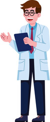 A man in a white lab coat is holding a clipboard and smiling