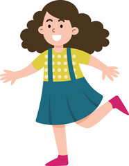 A girl with curly hair is smiling and wearing a yellow shirt and blue skirt