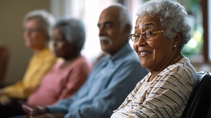 Seniors engaged in lively conversation during group exercise class at a community health center