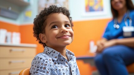 Parent comforting a child in a vibrant doctors office while waiting for their appointment