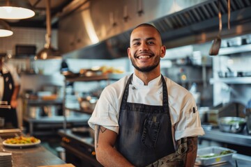 Fototapeta premium Portrait of a smiling American chef in commercial kitchen