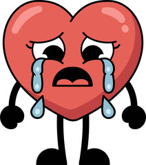 A heart shaped cartoon character is crying and sad expression. flat style illustration.