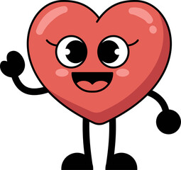 A heart shaped cartoon character is waving smiling, happy expression. flat style illustration.