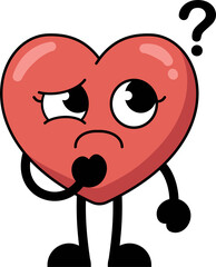 A heart shaped cartoon character is thinking and curious expression. flat style illustration.